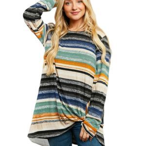Multi Stripe Twist Hem Long Sleeve Blouse. Plus sizes 1X-3X